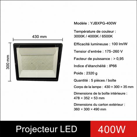 Projecteur LED extérieur 400W 6500K étanche IP66 220V 400w 6500k 43 × 30 × 3,5 cm 2,32 kg – Livraison gratuite