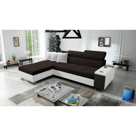 Bequemes Ecksofa mit Schlaffunktion MORENA I MAXI Kunstleder/Sawana Weiß/Dunkelbraun Links (1/5)