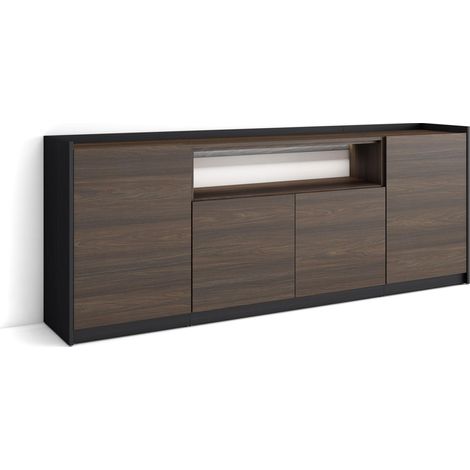 Skraut Home - Credenza, Mobile, Cucina, Madia, mobile ingresso, 207x37x80cm, 4 Porte, LED, Stile moderno, Rovere scuro e Nero (1/5)