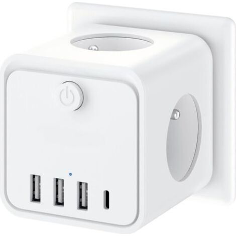 Regleta de pared Pr 7 en 1, regleta con 3 enchufes franceses, toma múltiple con 1 tipo C y 3 puertos USB, regleta cúbica (1/5)