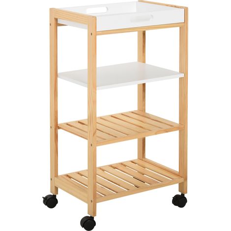 Carrello da cucina con ruote, 3 ripiani + vassoio estraibile, in legno di pino bianco e MDF