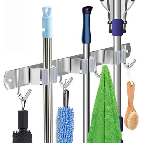 Wandmontierter Besen- und Mopphalter aus Edelstahl – mit 3 Klemmen und 4 Haken – Aufbewahrungsgestell für Besen und Mopps (1/4)