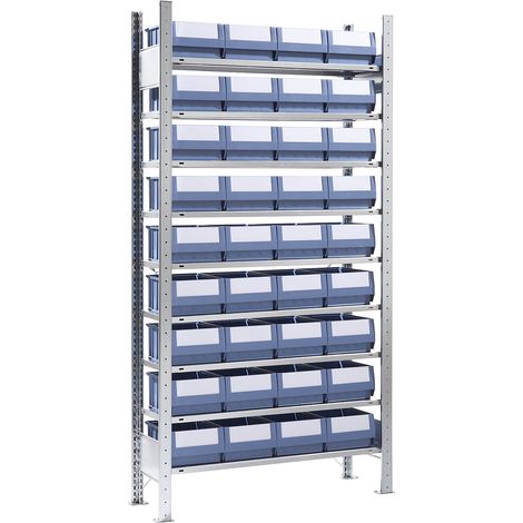 EUROKRAFT Rayonnage emboîtable avec bacs - 36 bacs, 9 tablettes, profondeur 336 mm - rayonnage de base (1/4)