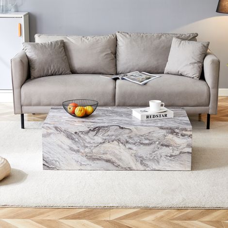 Table basse rectangulaire grise imitation marbre 90×50×30 cm en MDF,sans assemblage,style luxe moderne,scandinave et nord-européen.