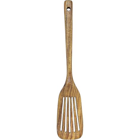 Spatule ajourée en bois, manche long en teck naturel, fabriquée à la main (1/5)