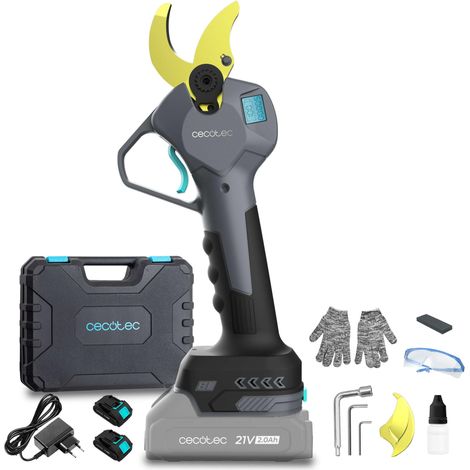 Cecotec Elektro-Baumschere TitanCut 3000. 2 Akkus 21V, bürstenloser Motor, Äste bis 30mm, Klingen mit Titan-Beschichtung, Digitale Steuerung, inklusive Koffer und Zubehör