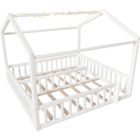 Lit bas 90x190cm2/180x190cm, lit enfant avec barrière, barre maison, pin, sans matelas, style minimaliste, perles LED, blanc