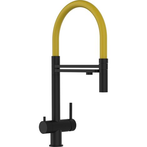 Rubinetto 3 VIE miscelatore lavello cucina in ACCIAIO INOX, canna girevole 360° e doccetta 2 getti movibile, PVD Nero Opaco / Giallo (1/5)