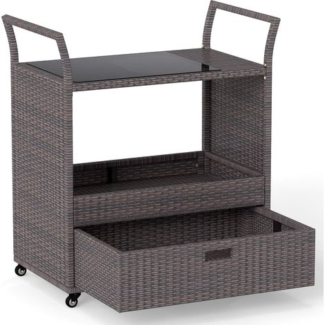 Carrello bar in rattan per esterni con piano in vetro e spazio di archiviazione