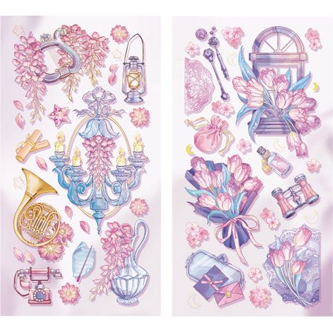 2 autocollants vintage scrapbooking, fleurs dorées, papier gaufré, adhésifs esthétiques longue tenue pour journal, teinte violette (1/5)