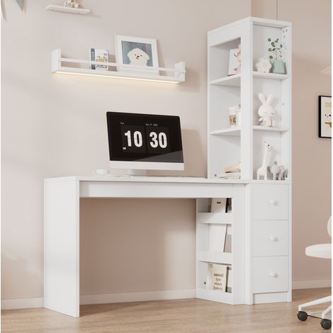 Escritorio con estantería 150x50x180 cm blanco en MDF con 3 cajones y armario lateral (1/5)