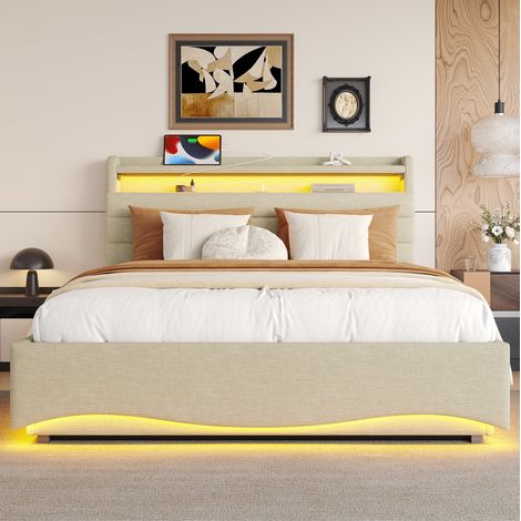 MEUBLIV Letto 140x200 cm beige – contenitore idraulico, LED, USB/Type-C, senza materasso (1/5)