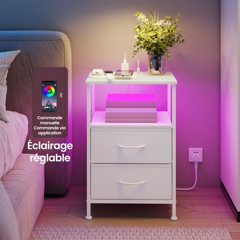 Table de Chevet avec Éclairage LED et Multiprise, 2 Tiroirs et 1 Compartiment Ouvert, Blanc (1/5)