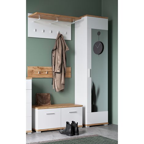 Garderoben-Set 4-teilig mit Garderobenschrank in weiß mit Eiche HUESCA-129 (1/5)