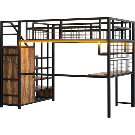 Cama alta de metal 140 x 200 cm negra con escritorio, estantería, armario e iluminación (1/5)