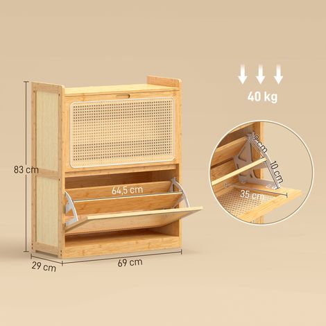 Meuble à chaussures 14 paires, armoire à chaussures 2 tiroirs rabattables, étagères réglables, 69x29x83cm, bois naturel (1/5)