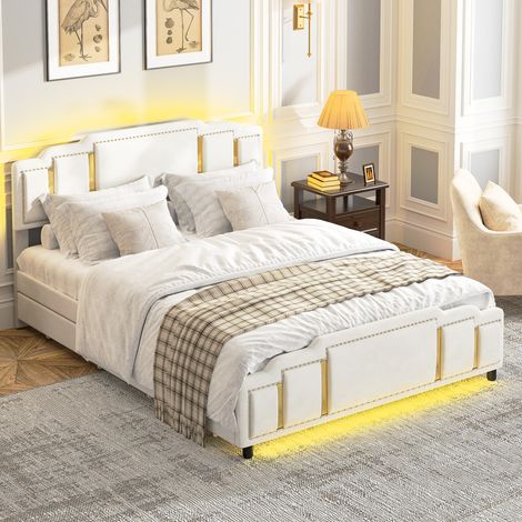 letto matrimoniale 140x200 con cassetti LED beige HAVRYA (1/5)