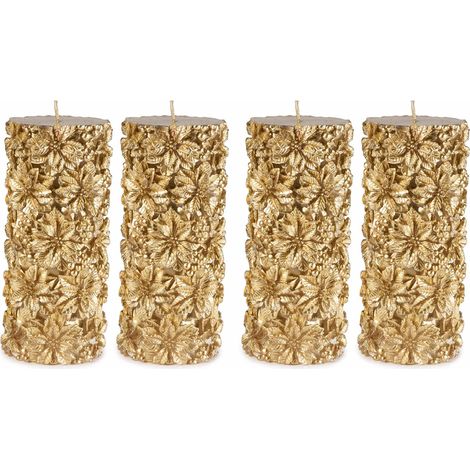 Candele natalizie dorate con decori floreali in rilievo set 4 pezzi Ø7,5x17 cm (1/3)