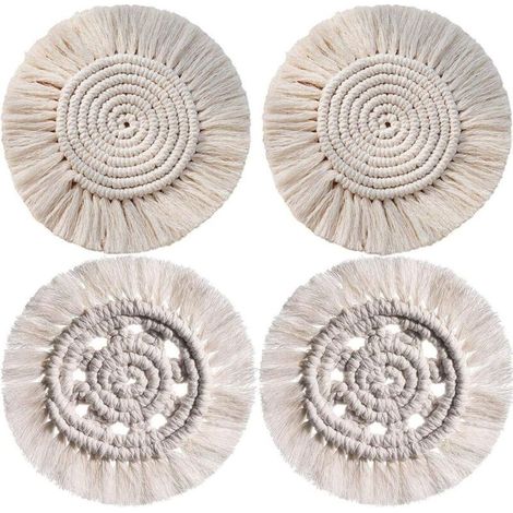 4Pcs Coaster Macrame Set, Fait à La Main sous-Verres Résistantes à la Chaleur Antidérapant Napperon Tresse De Coton en Tapis De Café Boisson Bière Tasse Boho Décoration De Table-Fei Yu (1/4)