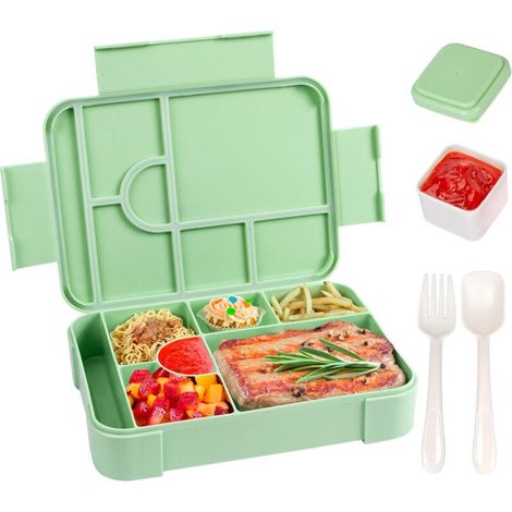 Boîte à bento, 6 compartiments individuels en plastique, livrée avec une cuillère et une fourchette, boîte à lunch verte.