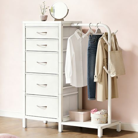 Porte-manteau de rangement -Meuble de Rangement Chambre avec Penderie et 5 Tiroirs, Porte-manteau Latéral - Blanc