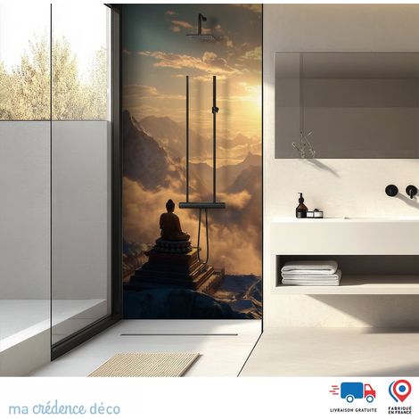 Panneau de douche : Bouddha et montagnes lointaines - Couleur Beige orange - Alu composite - 90 - 245 (1/3)