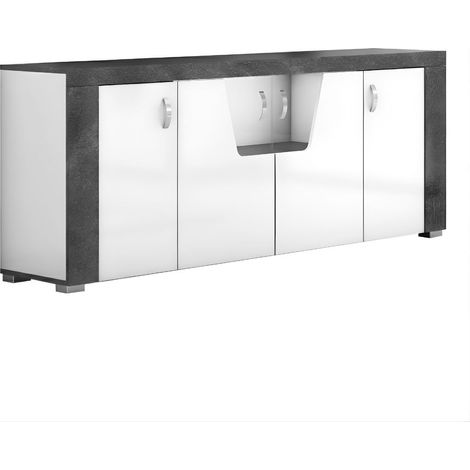 Buffet 4 portes avec leds laqué blanc et imitation granit gris - NEWELL (1/4)