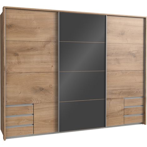 Armoire à portes coulissantes en Imitation chêne poutre - L270 x H210 x P65 cm -PEGANE- (1/2)