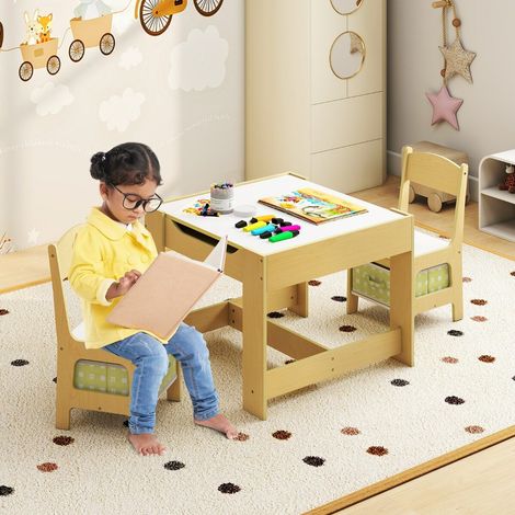 Children's Table with Removable Double-Sided Board and 2 Storage Boxes, Children's Desk Chair with Storage, Compact Size for Children's Bedroom or School, Green (1/5)