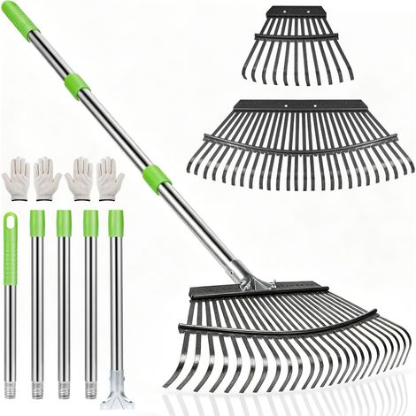 Râteau de Jardin 2-en-1 avec Gants, Râteau à Feuilles Métal 191cm Réglable, Set Grand (45cm) et Petit (22cm) pour Pelouse, Manche Acier Inoxydable, Vert (1/5)