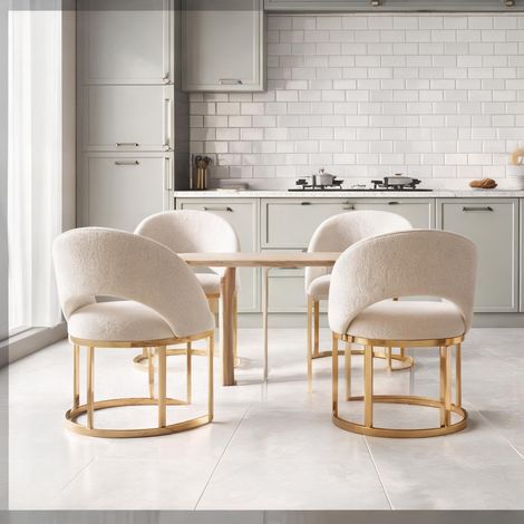 Lot de 4 chaises design en tissu bouclé beige à piètement doré (1/5)