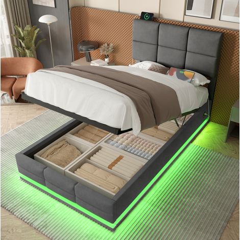 Cama tapizada 90/200 cm gris oscuro de terciopelo con cabecero regulable, LED y almacenaje hidráulico (1/5)