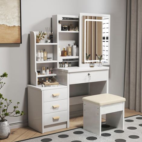 Toeletta con specchio 85x36x130 cm in legno bianco con contenitore FloraGrace (1/5)