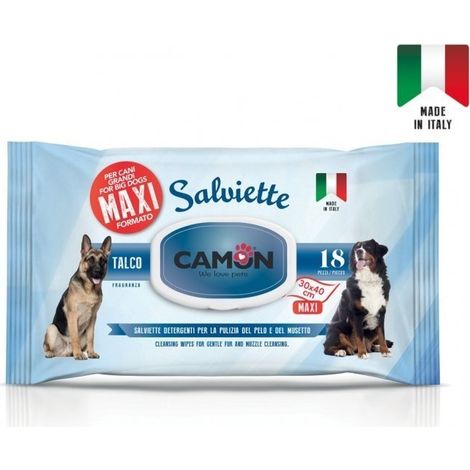 CAMON Salviette Detergenti per Cani e Gatti, Maxi Formato 30x40 cm, Confezione da 18 Pezzi, Fragranza Talco, Delicate e Rinfrescanti, Senza Alcool etilico né Parabeni, Made in Italy