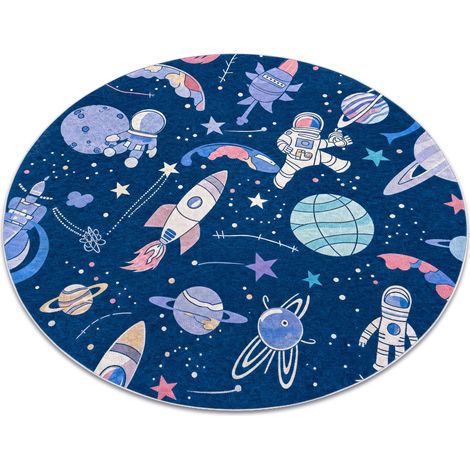 BAMBINO 61580 Kreis Waschteppich Weltraum, Rakete für Kinder Anti-Rutsch - marineblau / orange blue rund 100 cm (1/5)