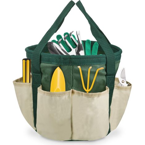 Gartenwerkzeug-Organizer-Tasche mit Taschen, Garten-Werkzeugtasche für Gartengeräte aus wasserdichtem Oxford-Leinen mit Stoff, faltbare Garten-Werkzeugtasche