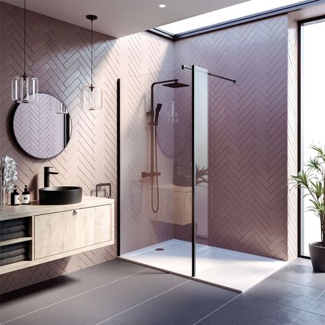 Wet Room Screen 1000mm Walk In Enclosure 8mm Glass Frameless Return Panel Black (1/5)