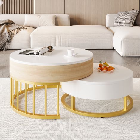 Couchtisch MDF Weiß und Gold, 2 runde Satztische mit höhenverstellbarer Tischplatte, 70 cm