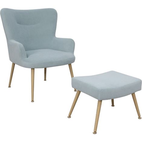 Home Heavenly® - Butaca con reposapiés individual INDIA. Sillón tapizado en terciopelo azul cielo y patas color madera.  Color: Azul cielo (1/5)