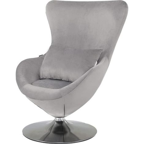 Fauteuil pivotant 360° en velours design œuf gris clair avec coussin (1/5)
