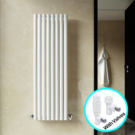 ELEGANT Central Heating Radiator 1600 x 472mm Vertical White Single Panel Oval Column Rad + White Thermostatic Radiator Valves (1/5)