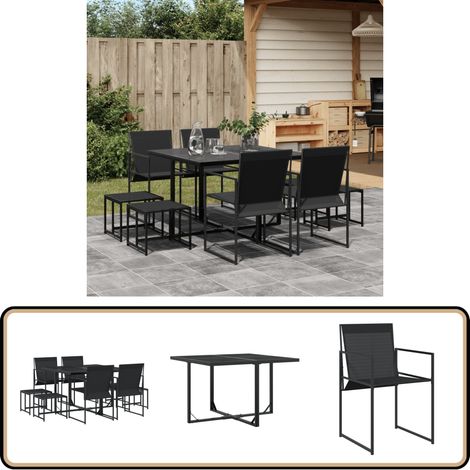 9-tlg. Garten-Essgruppe Schwarz Textilene - Gartentisch - Gartenmöbel Set - Esstisch - Gartenstühle - Rattanmöbel