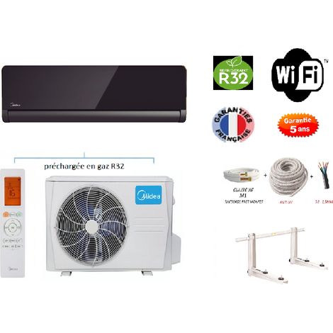 Pack Climatiseur réversible Mono-split MIDEA PURE GLASS 3500w 35m2 + kit 10 mètres de pose complet WIFI INTEGRE A+++