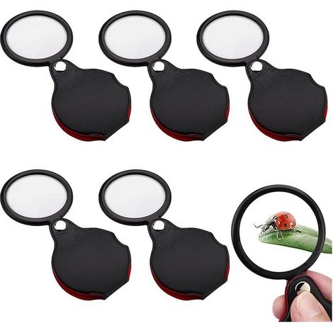 Juego de 5 mini lupas de bolsillo 10x (5,3 cm) con estuche protector de cuero giratorio para personas mayores, portátiles y plegables para leer, trabajos de precisión, regalo para personas mayores. (1/5)