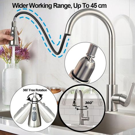Mitigeur Évier de Cuisine avec Douchette Extractible Pivotant à 360° Robinet de Cuisine en Acier Inoxydable Brossé Haute Pression Eau Chaude et Froide (1/5)