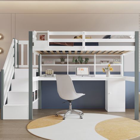 Cama alta 90x200 cm blanca y gris de madera y MDF con escritorio y almacenaje (1/5)