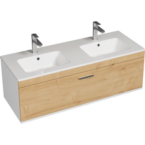 RUBITE Meuble salle de bain double vasque 1 tiroir chêne clair largeur 120 cm