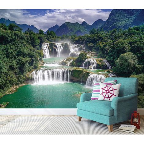 Fototapete Wasserfall Wald Landschaft 3D-Optik, für Wohnzimmer und Schlafzimmer, 250 x 175 cm – Komplettset inkl. Kleister & Anleitung (1/5)