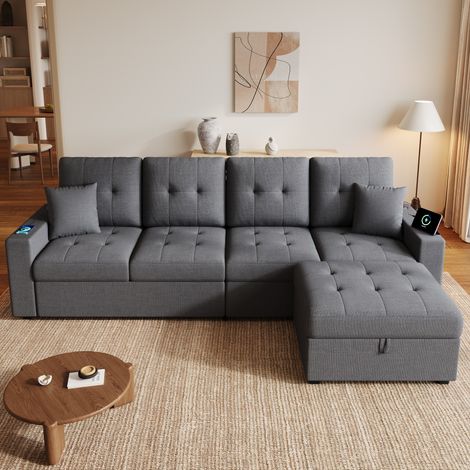 Sofá chaise longue modular con puff de almacenaje, 253 x 144,5 x 80,7 cm, gris oscuro HAVRYA (1/5)