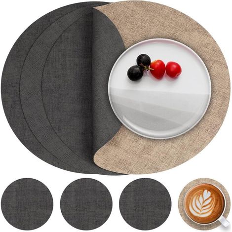 Bardusch-Lot de 4 sets table ronds cuir synthétique double face + dessous verre, lavables résistants chaleur, gris beige (1/5)